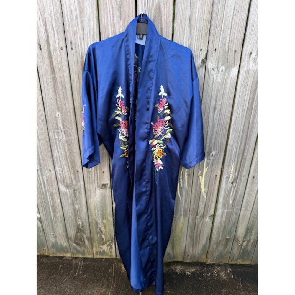 Boho Kimono Embroidered Floral Satin Loungewear Robe S Royal Blue Chinoiserie